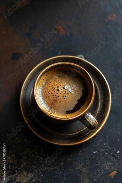 Fototapeta A cup of coffee sitting on top of a saucer. Perfect for illustrating coffee, breakfast, or cafe concepts