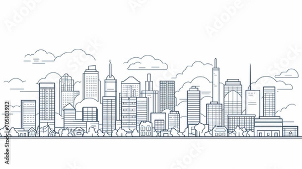 Fototapeta Line sketch style city panorama. Illustration of urban skyline Outline cityscape. 