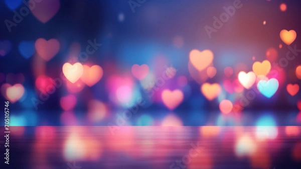 Fototapeta Vibrant neon background with soft heart shaped bokeh. St. Valentines backdrop with empty table or board on it.
