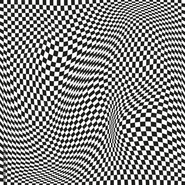 Fototapeta Seamless checkered pattern. Distorted optical illusion banner. Op art checkered curved pattern.