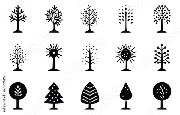 Fototapeta set of hand drawn trees and Christmas trees