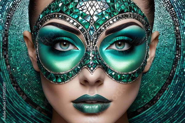 Fototapeta Glass head, colorful sketch ink, diamond skin mosaic, seductive, smooth color passing, emerald eyes. Generative AI
