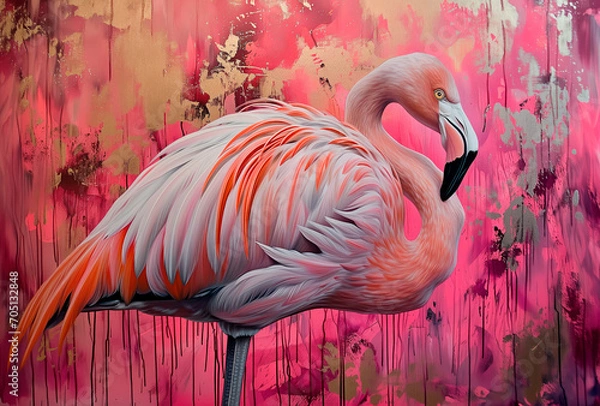 Obraz Flamingo. Oil paint on canvas. Interior painting. Beautiful background. Generative AI.