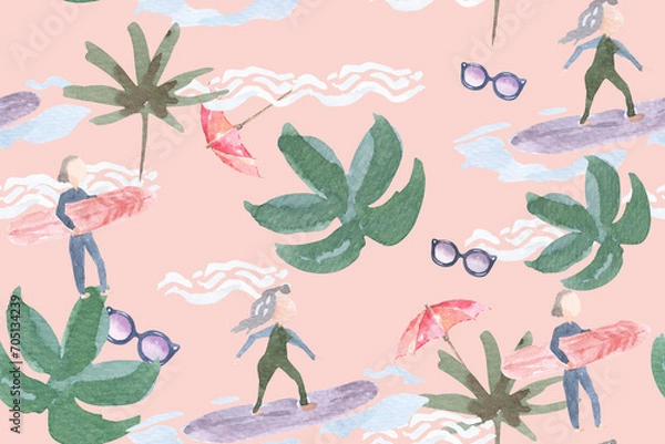 Obraz Seamless pattern tropical Hawaii Surf Beach.Adventure activity background design beach for summer.Suitable for designing fabric and wallpaper patterns.Seamless pattern for sea summer