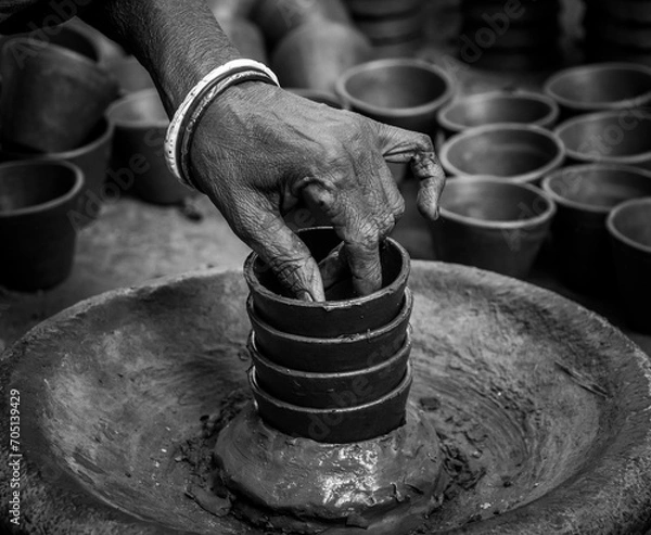 Fototapeta Pottery making involves shaping clay by hand, using a wheel, or coiling techniques.