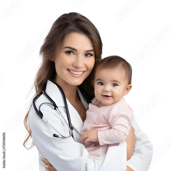 Fototapeta Happy young doctor with hugging cute baby, smiling as baby mother holding baby with love and care  in studio, isolated on transparent background Generative AI	

