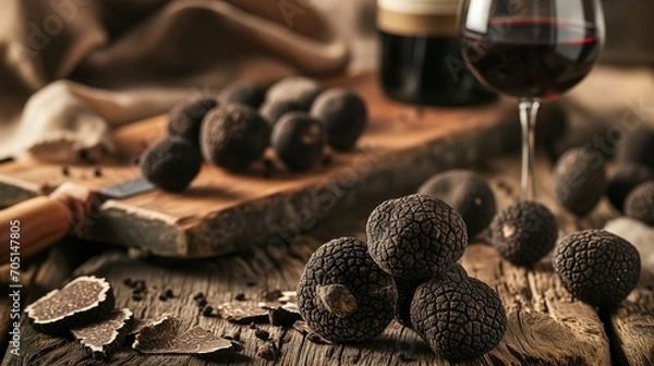 Obraz Rustic Elegance: Fresh Black Truffles and Red Wine on Wooden Table
