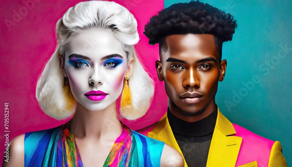 Obraz Ona i on oraz szalone makijaże i fryzury. AI Generative