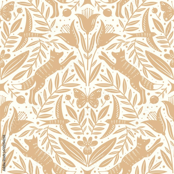 Obraz Hand drawn floral woodland seamless pattern, decorative animals, fox, bird, flowers seamless pattern