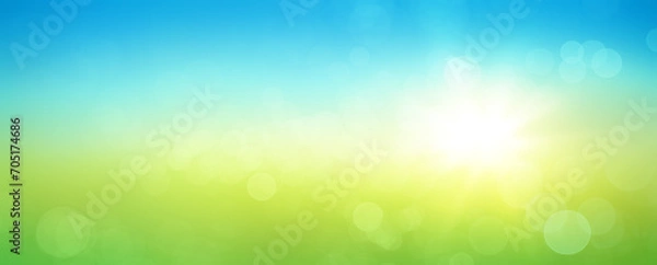Fototapeta Fresh spring abstract background with bokeh and sun glow. Graphic element with blue and green horizontal colour gradients.