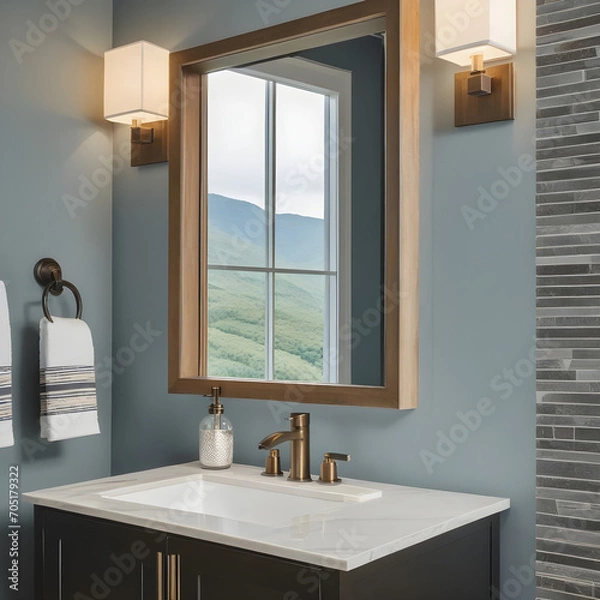 Fototapeta Square frame Interior of a powder room with a view of sink and mirror