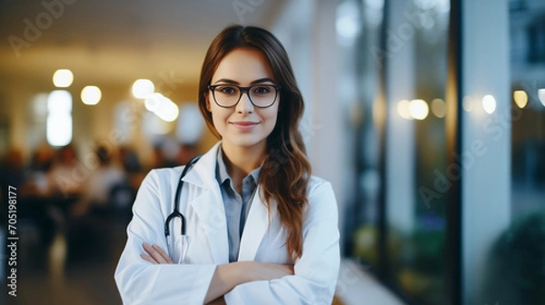 Obraz A confident female medical practitioner stands with folded arms, emits intelligence and professionalism. The image on neutral backdrop that is versatile for various medical and healthcare themes.