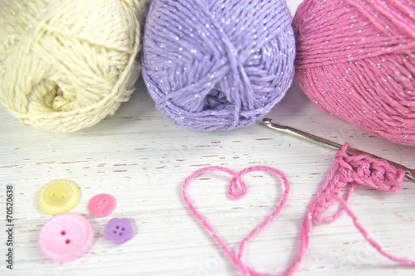 Obraz Yarn Wool pastel colours with crochet hook heart and buttons