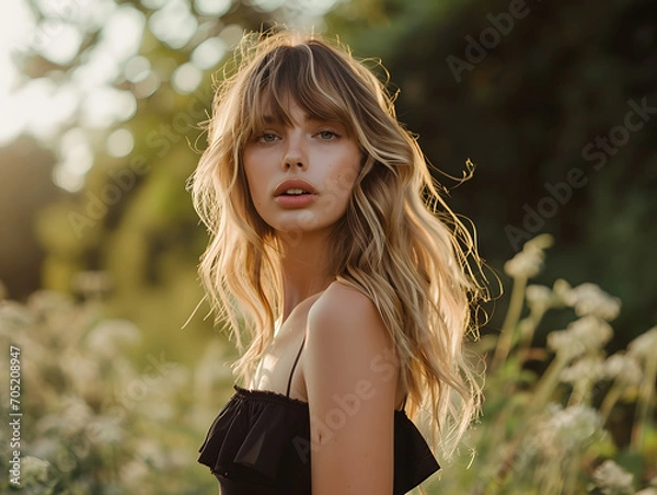 Obraz scandinavian model with a blonde wavy hairstyle with messy curtain bangs