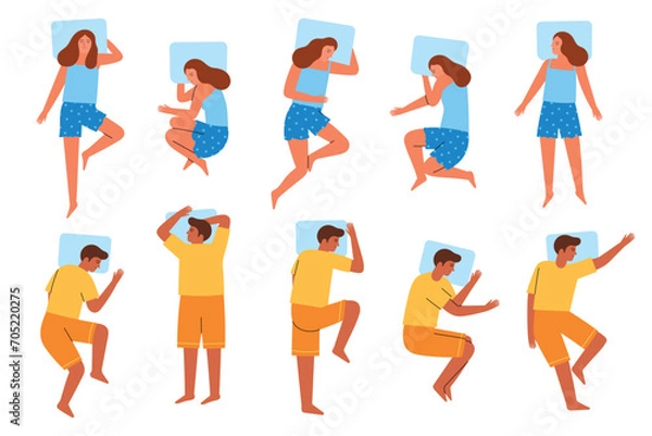 Obraz Guy and girl sleeping. Cartoon people sleep in different poses, cute characters in pajamas, body positions in comfortable bed, vector set.eps