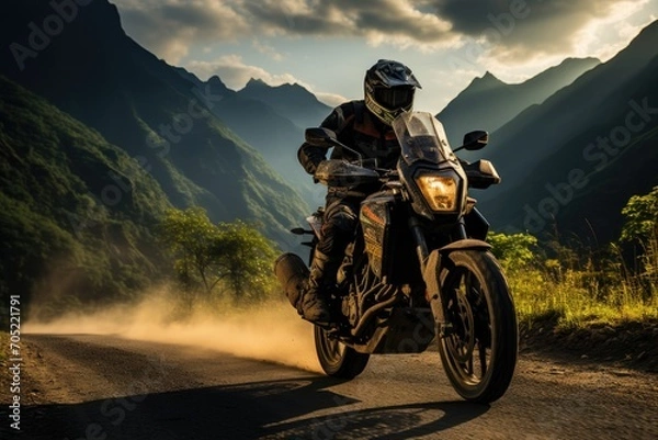 Obraz Motorcyclist accelerates on mountainous panoramic road., generative IA