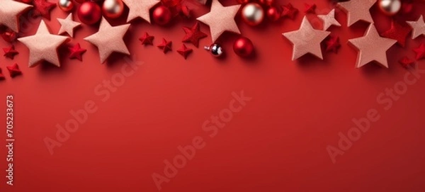 Fototapeta Christmas red mockup with presents and Christmas tree branches minimalism photo texture. Horizontal banking background for web. Photo AI Generated