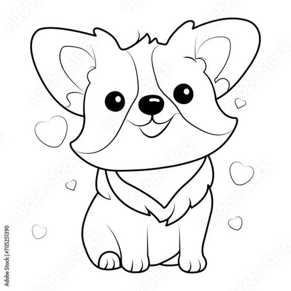Fototapeta Cute corgi coloring page with hearts. Outline vector illustration