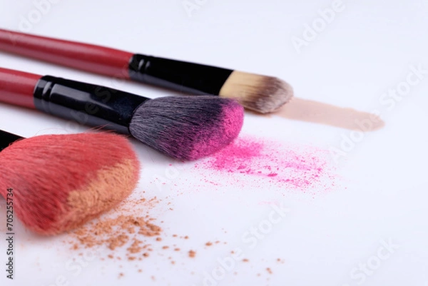 Fototapeta Brushes synthetic pile working powder make-up isolated on white background