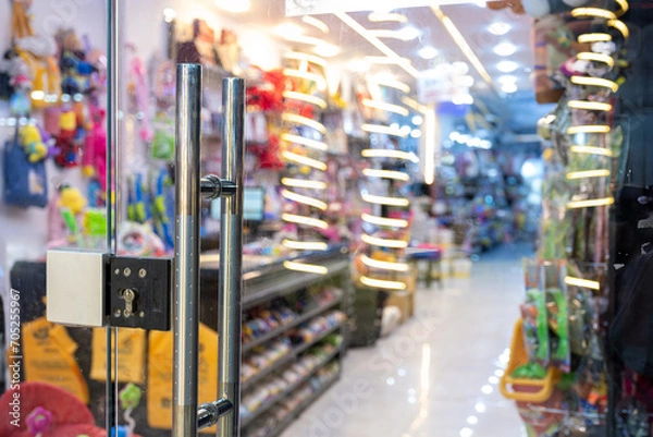 Fototapeta School Shop front door with many items for kids in the background to be used in the school