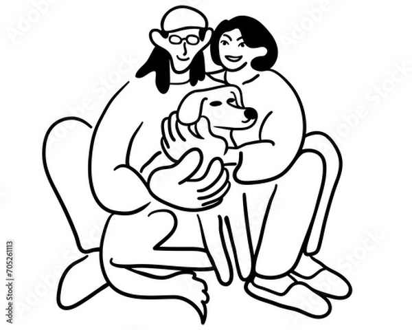 Obraz cartoon couple with dog in doodle style. template for print advertising poster sticker icon illustration. people in lines