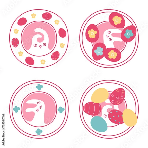 Fototapeta Collection of Easter illustrations. Easter eggs on a plate. Cute bunny. Spring holiday. Vector, isolated objects on white background