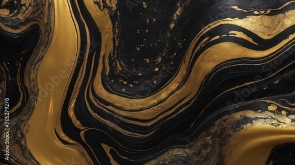 Fototapeta Black and gold marble abstract background. Decorative acrylic paint pouring rock marble texture. Horizontal Black and gold wavy abstract pattern.Created with Generative Ai technology
