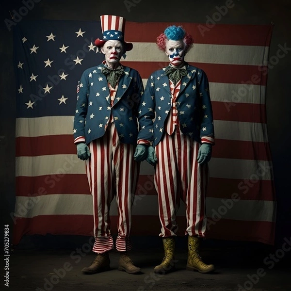 Fototapeta two clowns dressed in stripped red and white, with bright wigs and sad grimaces standing on a background of the American flag