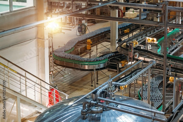 Fototapeta Modern automated beer bottling production line. Beer bottles moving on conveyor