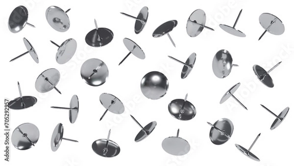 Fototapeta Falling metal push pins isolated on transparent and white background. Office concept. 3D render
