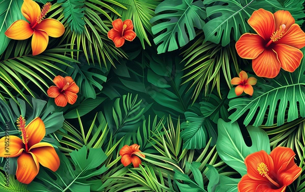 Fototapeta Fundo colorido tropical de verão com plantas exóticas de folhas de palmeira e fundo tropical tucano
