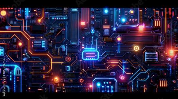 Obraz abstract circuit pattern dark neon technology wallpaper