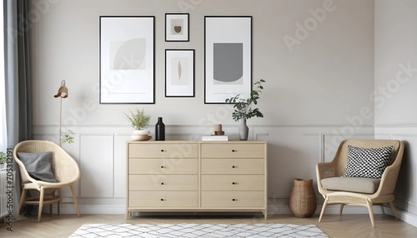 Obraz Beige living room interior with dresser and posters
