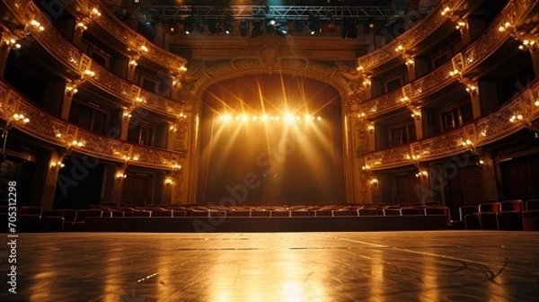Fototapeta Wide shot of an Empty Elegant Classic Theatre with Spotlight Shot from the Stage. Well-lit Opera House with Beautiful Golden Decoration Ready to Recieve Audience for a Play or Ballet Show