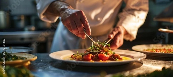 Fototapeta Master chef cook man hands precisely cooking dressing preparing, food styling, close-up