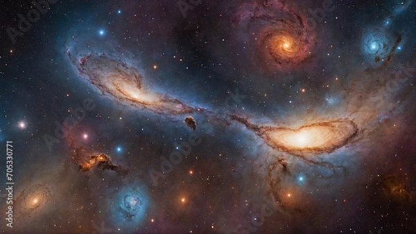 Fototapeta Abstract photoreal space with space smoke shine, galaxies, and other celestial bodies, nebulae