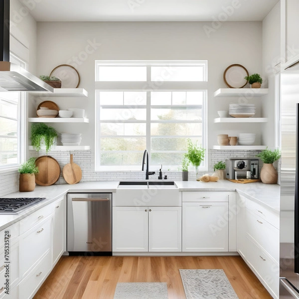 Fototapeta Beautiful bright kitchen with a window in a modern home