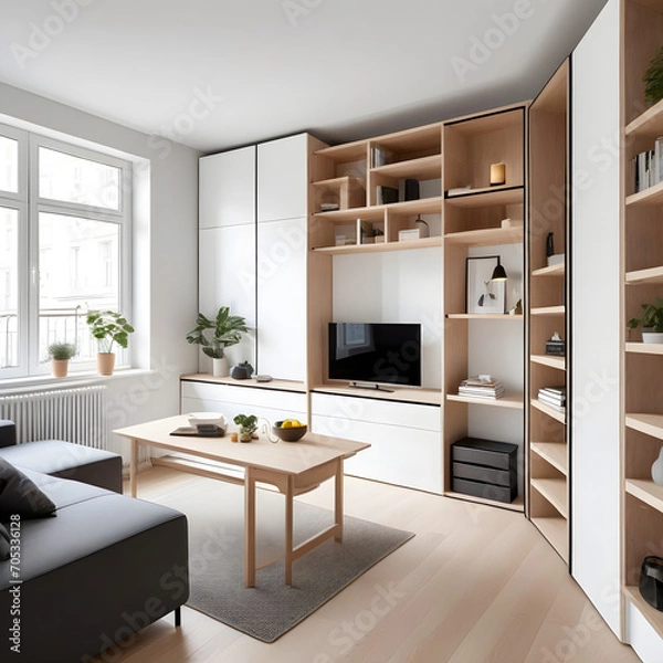 Fototapeta Compact and functional studio apartment with multifunctional furniture and smart storage solutions