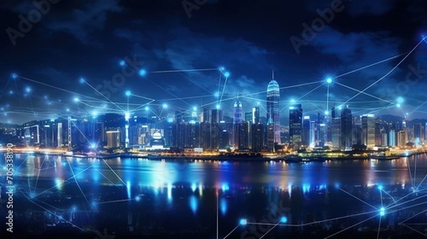 Obraz Smart city and intelligent communication network, night city, wireless connection technology concept, future technology concept