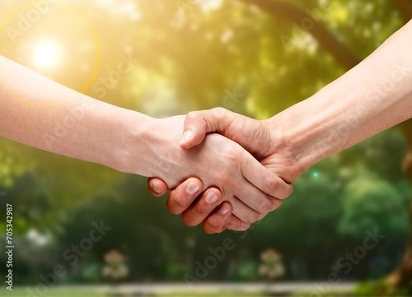 Fototapeta Two people shaking hands on outdoor background