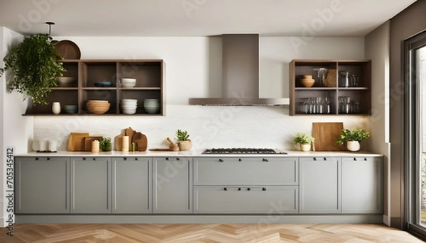 Fototapeta A designer kitchen with a mix of open shelving and closed cabinets