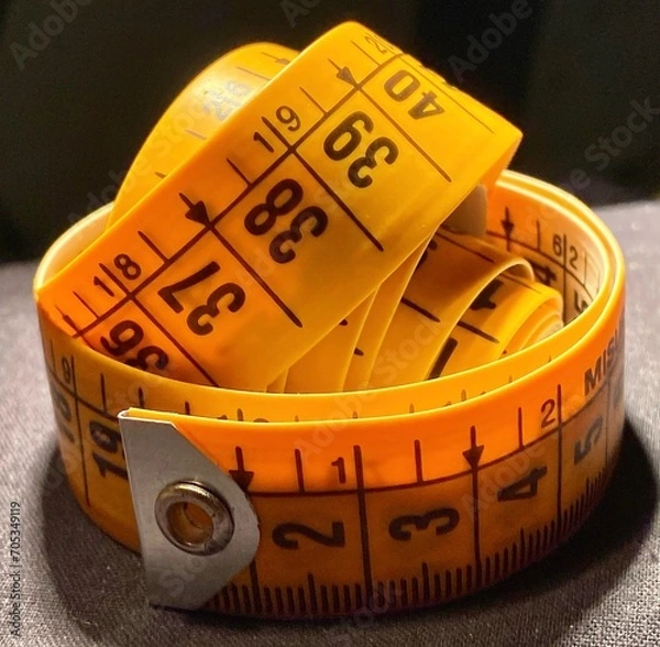 Obraz Centimeterized plastic strip for tailors and fashion workshops. Tape measure for domestic and professional sewing projects. Neutral and light or dark background.