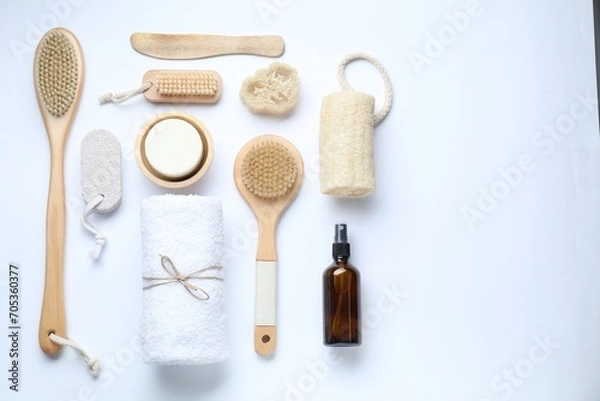 Fototapeta Bath accessories. Flat lay composition with personal care products on white background, space for text