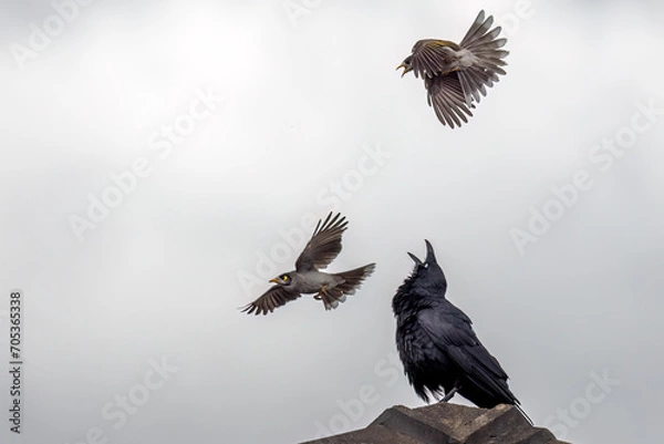 Fototapeta An Australian Raven (Corvus coronoides) atop the roof of a building looks up as two Noisy Miners (Manorina melanocephala) swoop on it. The Noisy Miners are fiercely territorial and keep fighting.