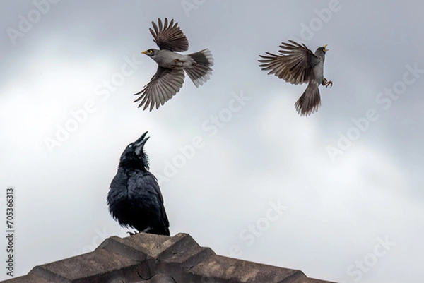 Fototapeta Two Noisy Miners (Manorina melanocephala) swooping on an Australian Raven (Corvus coronoides) atop the roof of a building. The Noisy Miners are fiercely territorial and keep fighting the intruder.