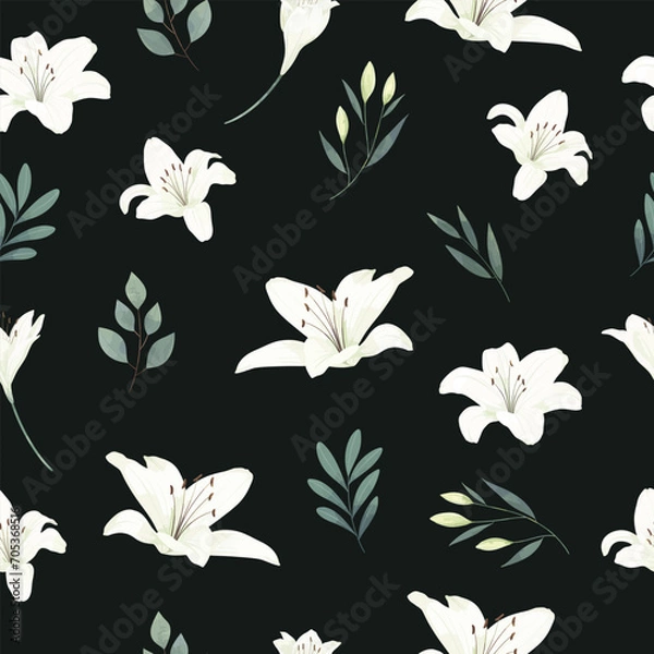Obraz White Lily Flower Seamless Pattern Frame Background