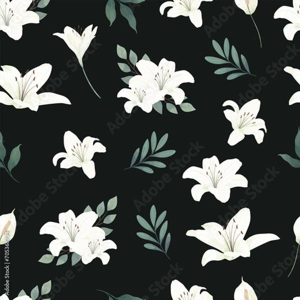 Obraz White Lily Flower Seamless Pattern Frame Background