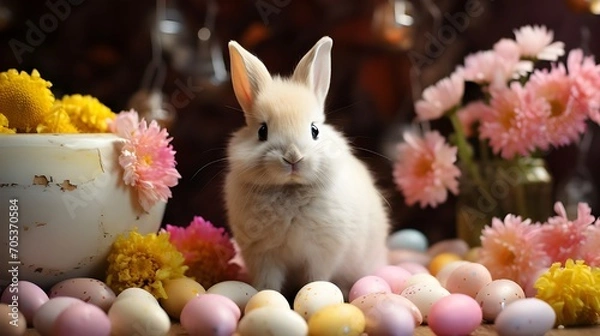 Fototapeta Happy Easter Holiday concept. Cute adorable white rabbit little easter bunny with flower and eater eggs background. Spring festive season greeting card wallpaper editorial advertisement.
