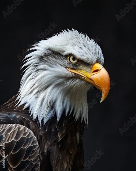 Fototapeta Portrait of Bald Eagle with glossy feather on the black background AI Generative