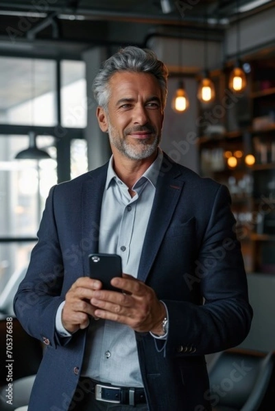Obraz Happy confident mid aged older male company ceo executive wearing suit holding cellphone standing in office using business mobile apps technology financial online solutions on phone, Generative AI 